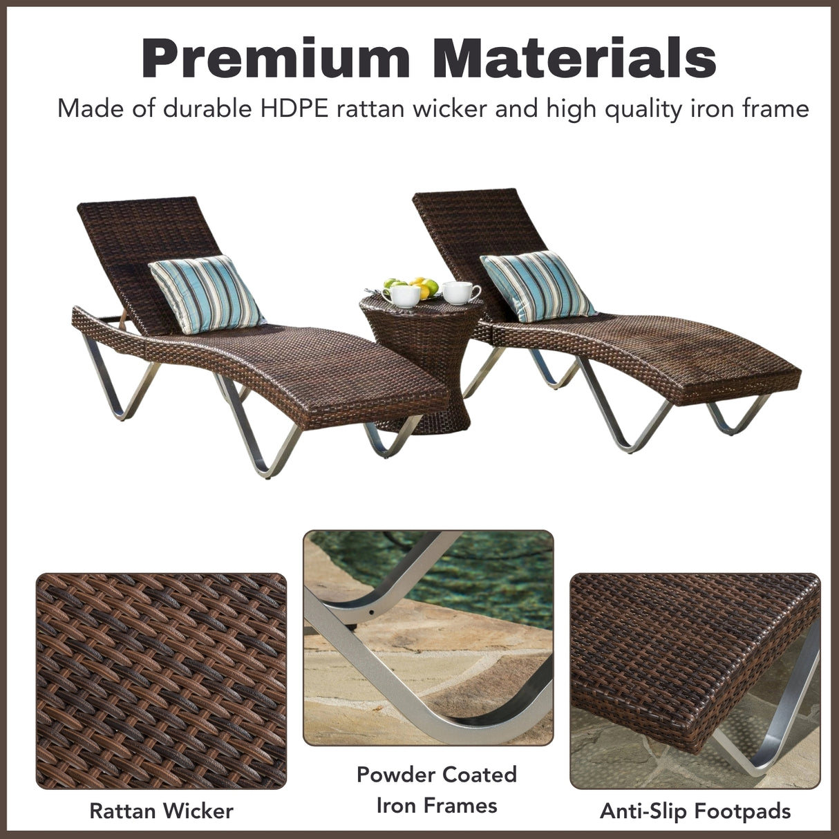 Outdoor Rattan Wicker Lounge Chairs Set of 2 with Matching Side Table