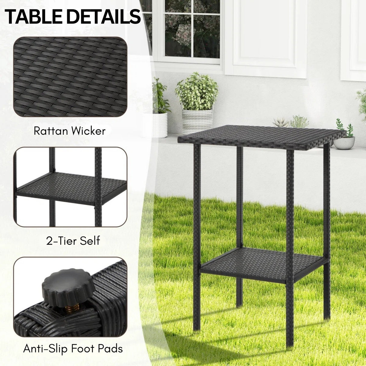 Outdoor Rattan Wicker Bar Set With 2-Tier Table