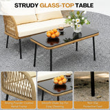 Outdoor Rope 4-Seater Sofa Set with Glass Top Table (Beige & Cream)