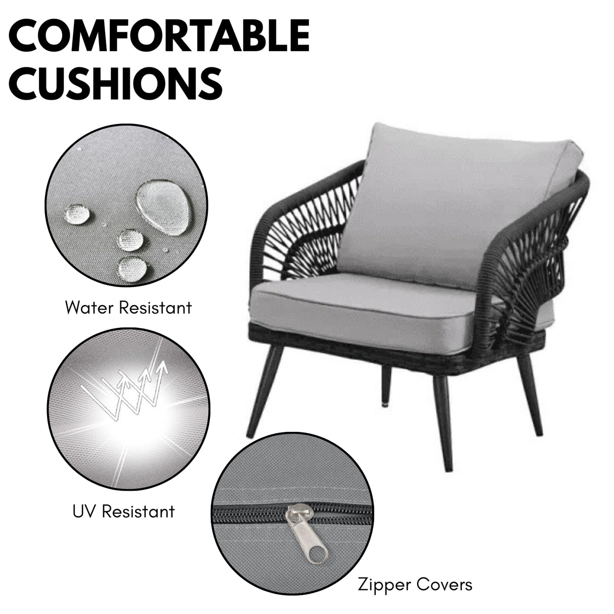 Outdoor Rope 4-Piece Patio Sofa Set with Glass Top Table (Black/Light Grey)