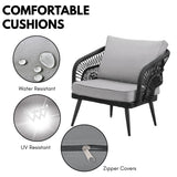 Outdoor Rope 4-Piece Patio Sofa Set with Glass Top Table (Black/Light Grey)