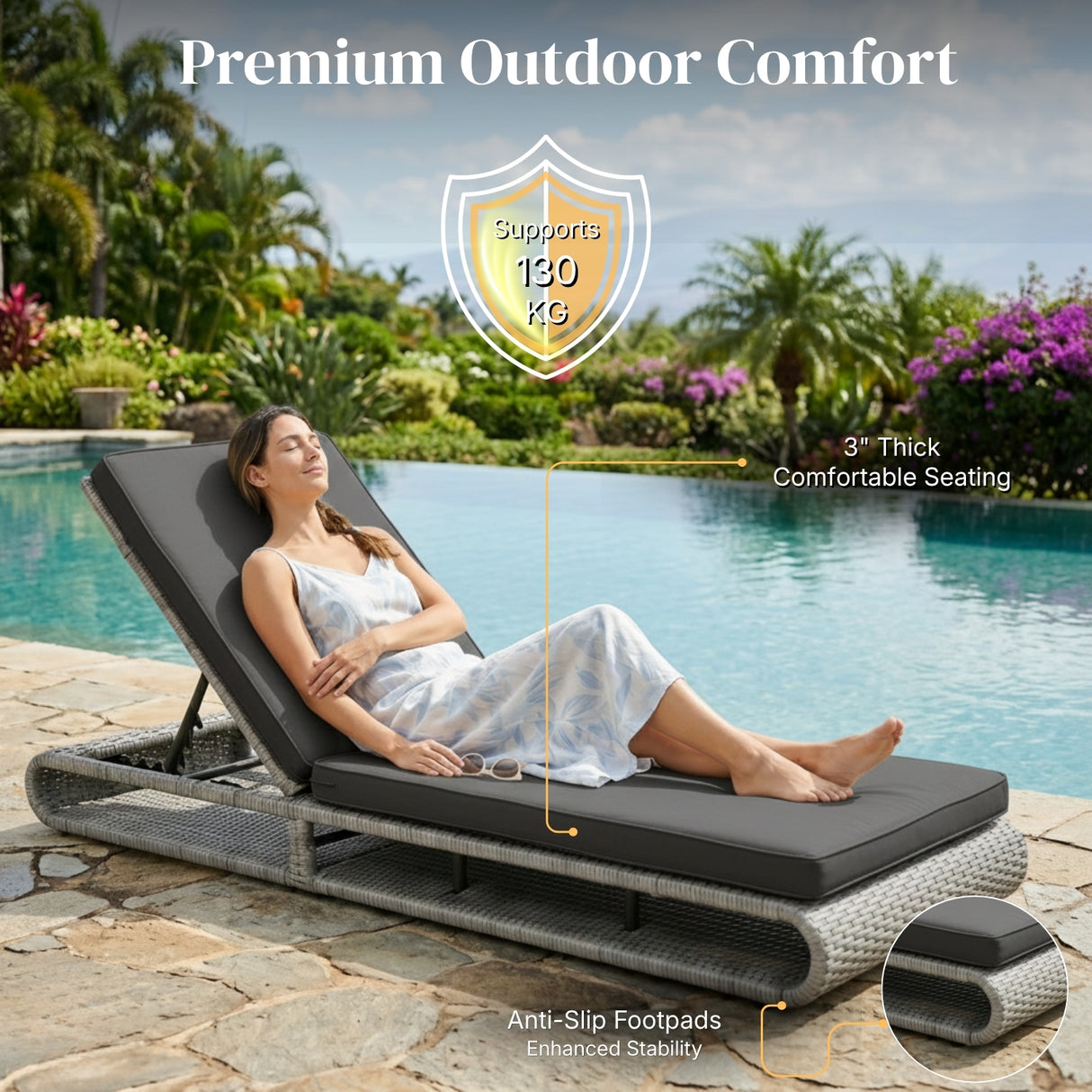 Outdoor Rattan Wicker Single Lounger Chair (Silver Grey & Dark Grey)