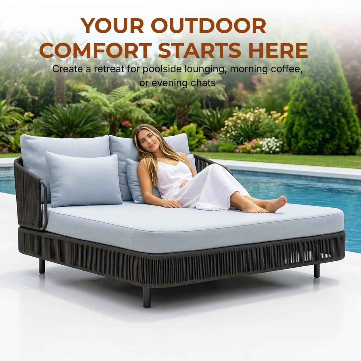 Outdoor Grey Rope Patio Daybed with Comfortable White Cushion