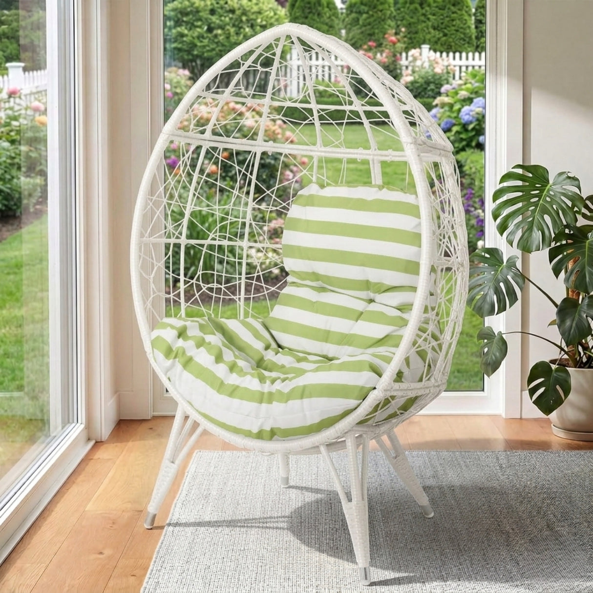 Outdoor White Rattan Lounge Accent Egg Chair