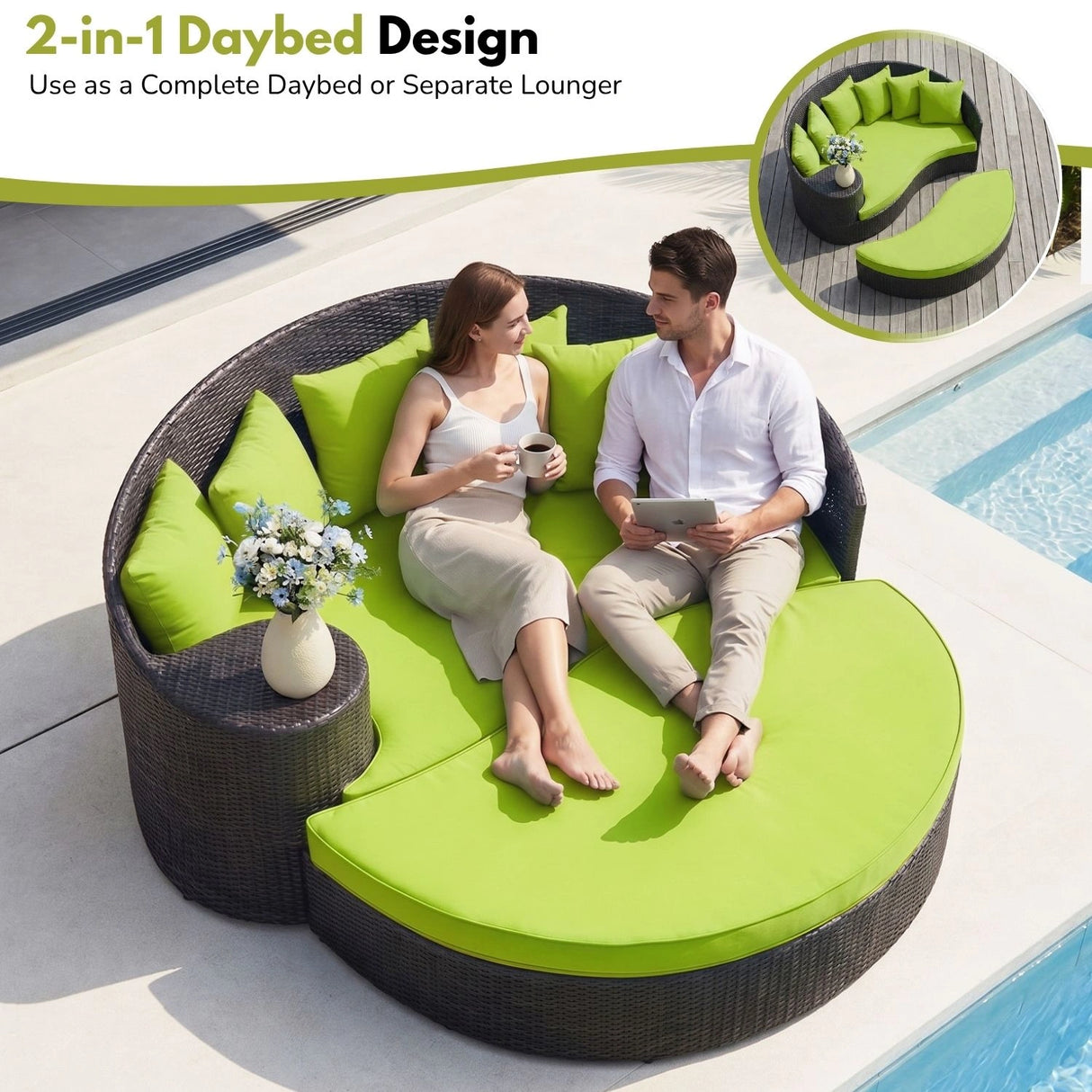 Outdoor Rattan Wicker Daybed (Dark Brown & Green)