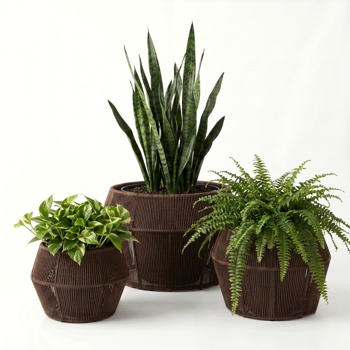 Outdoor 3-Piece Round Rope Planters (Brown)