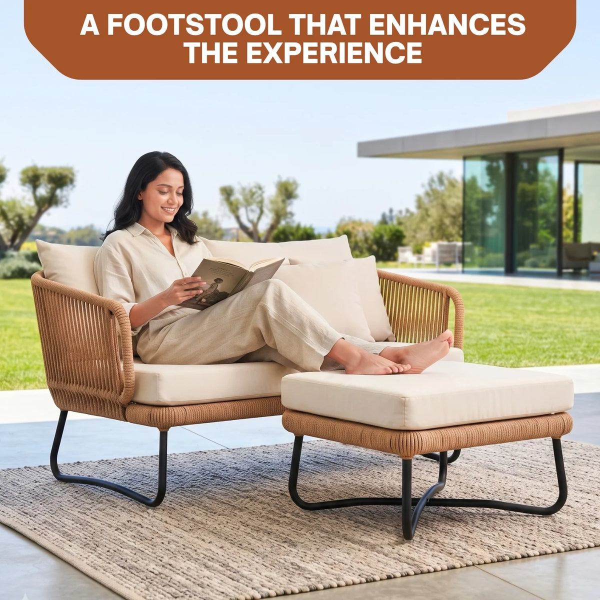 Outdoor 5pcs All-Weather Rope Sofa Set with Cushions (Beige & White)