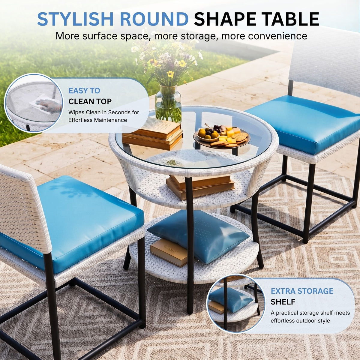 5-Piece Outdoor Wicker Patio Furniture Set (White & Sky-Blue)