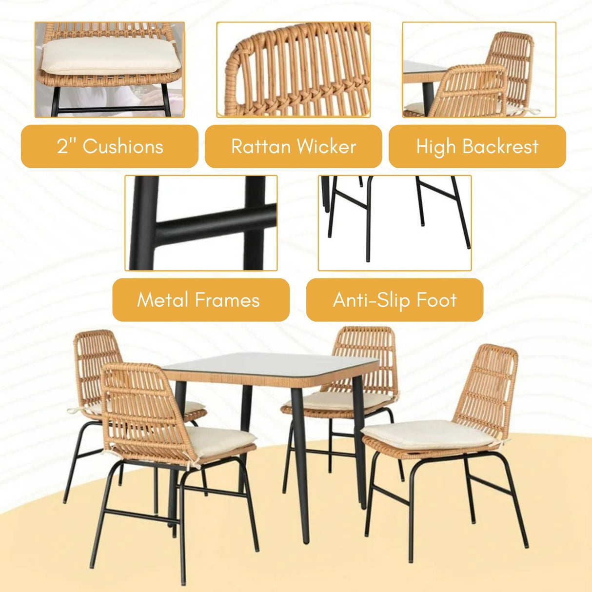 5-Piece Outdoor Patio Dining Set With Rattan Chairs & Glass-Top Table