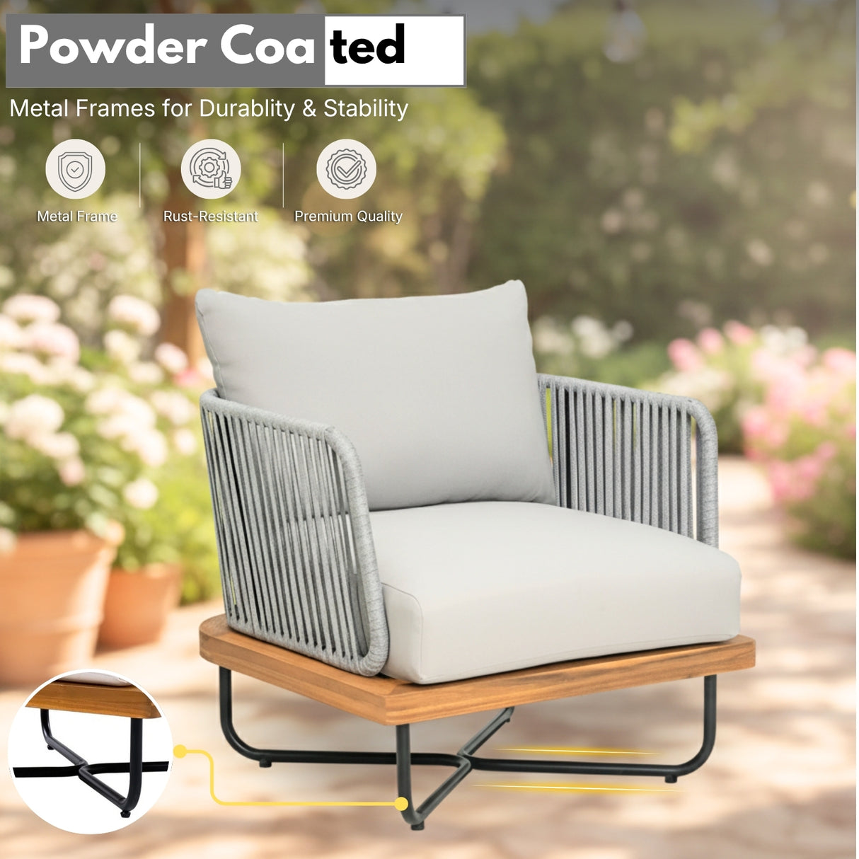 Outdoor Rope Sofa with Wooden Base (Grey)