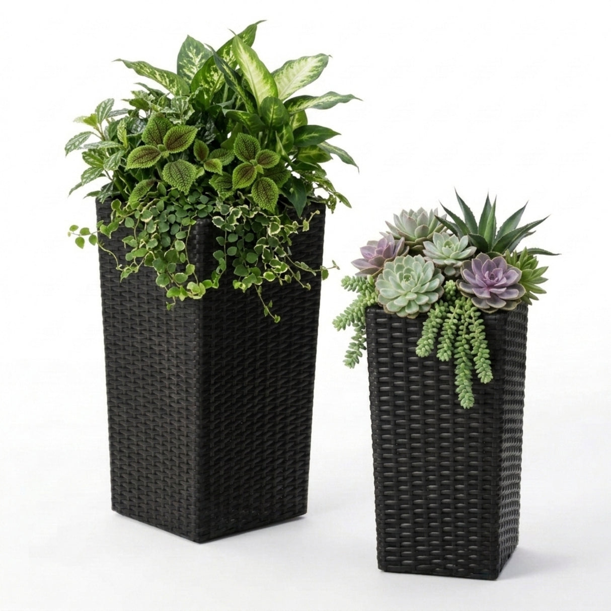 2-Piece Outdoor Rattan Wicker Tall Square Planters (Black)