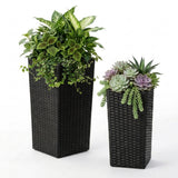 2-Piece Outdoor Rattan Wicker Tall Square Planters (Black)