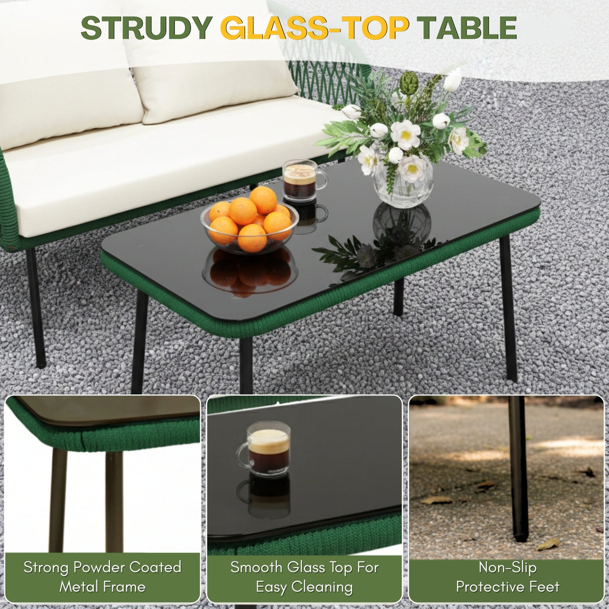 Outdoor Rope 4-Seater Sofa Set with Glass Top Table (Green & Off-white)