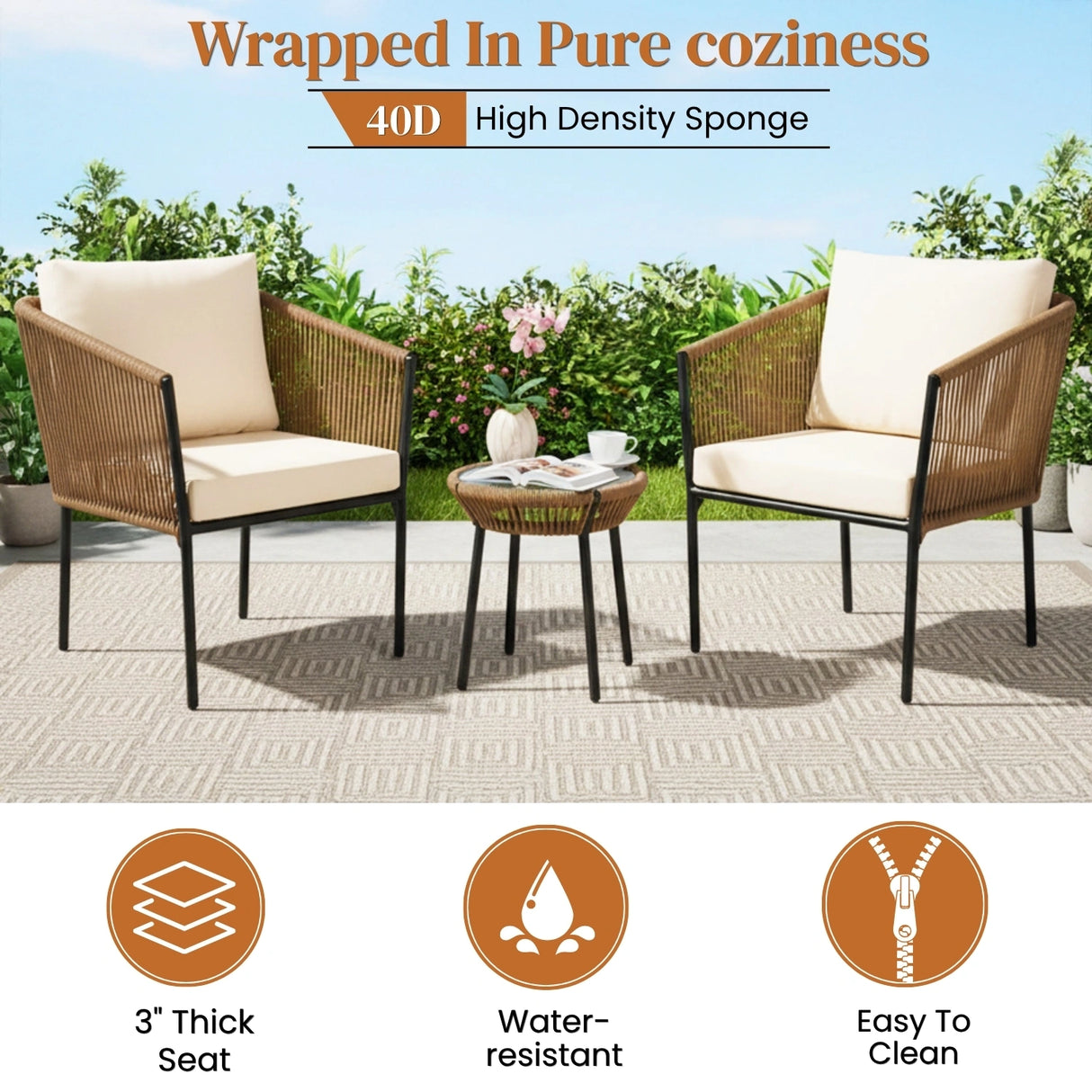 Outdoor Rope Patio Set with Glass Top Table