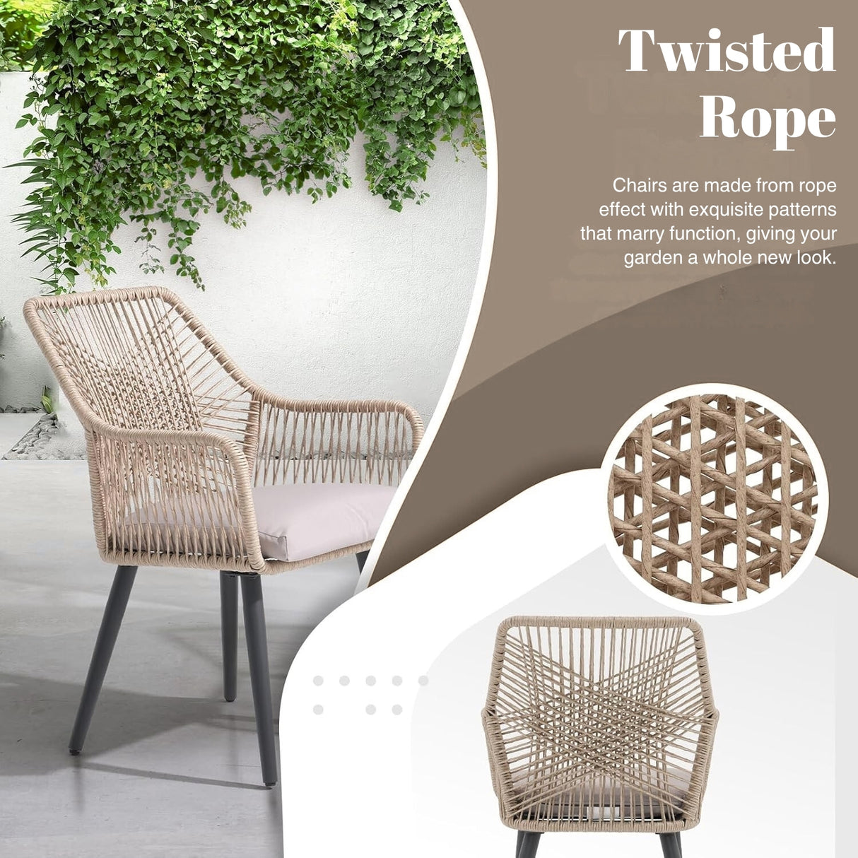 5-Piece Outdoor Patio Dining Set with Rope Chairs & Glass Top Table