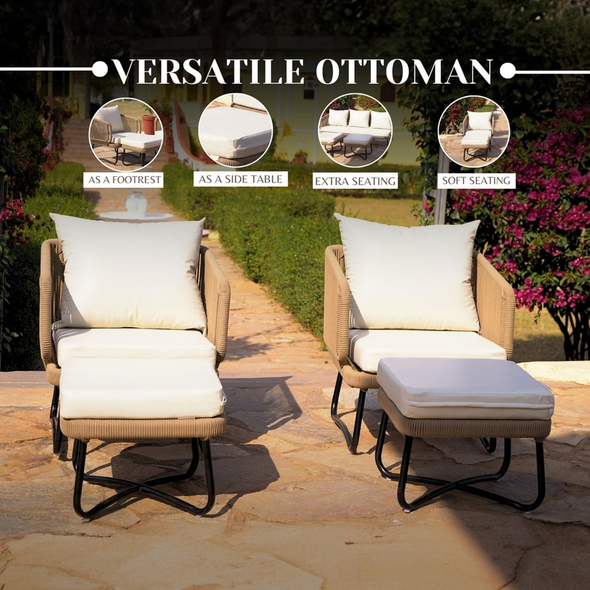 7 Seater Outdoor Rope Sofa Set with Ottomans