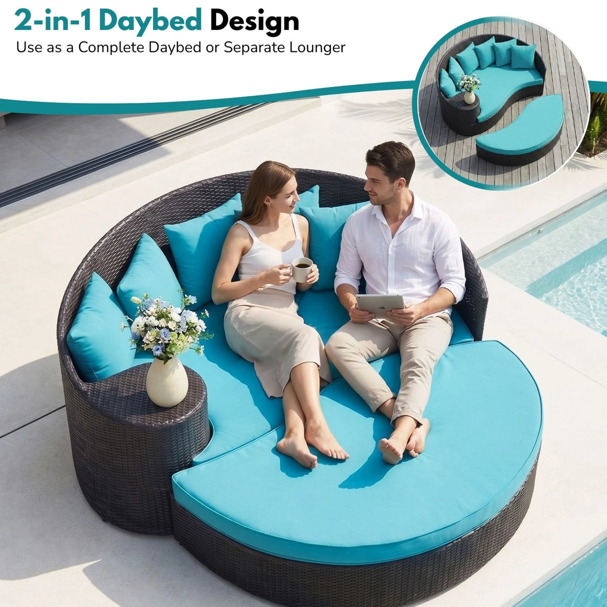 Outdoor Rattan Wicker Daybed (Dark Brown & Turquoise Blue)