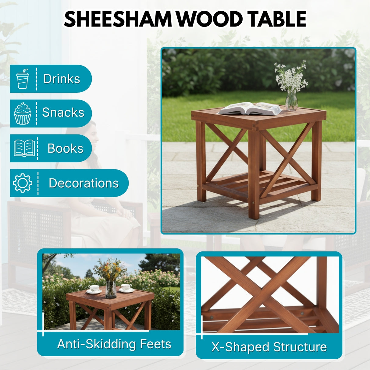 Outdoor Wicker 3-Piece Patio Furniture Set with Solid Wooden Frames (Dark Brown & Sky-Blue)