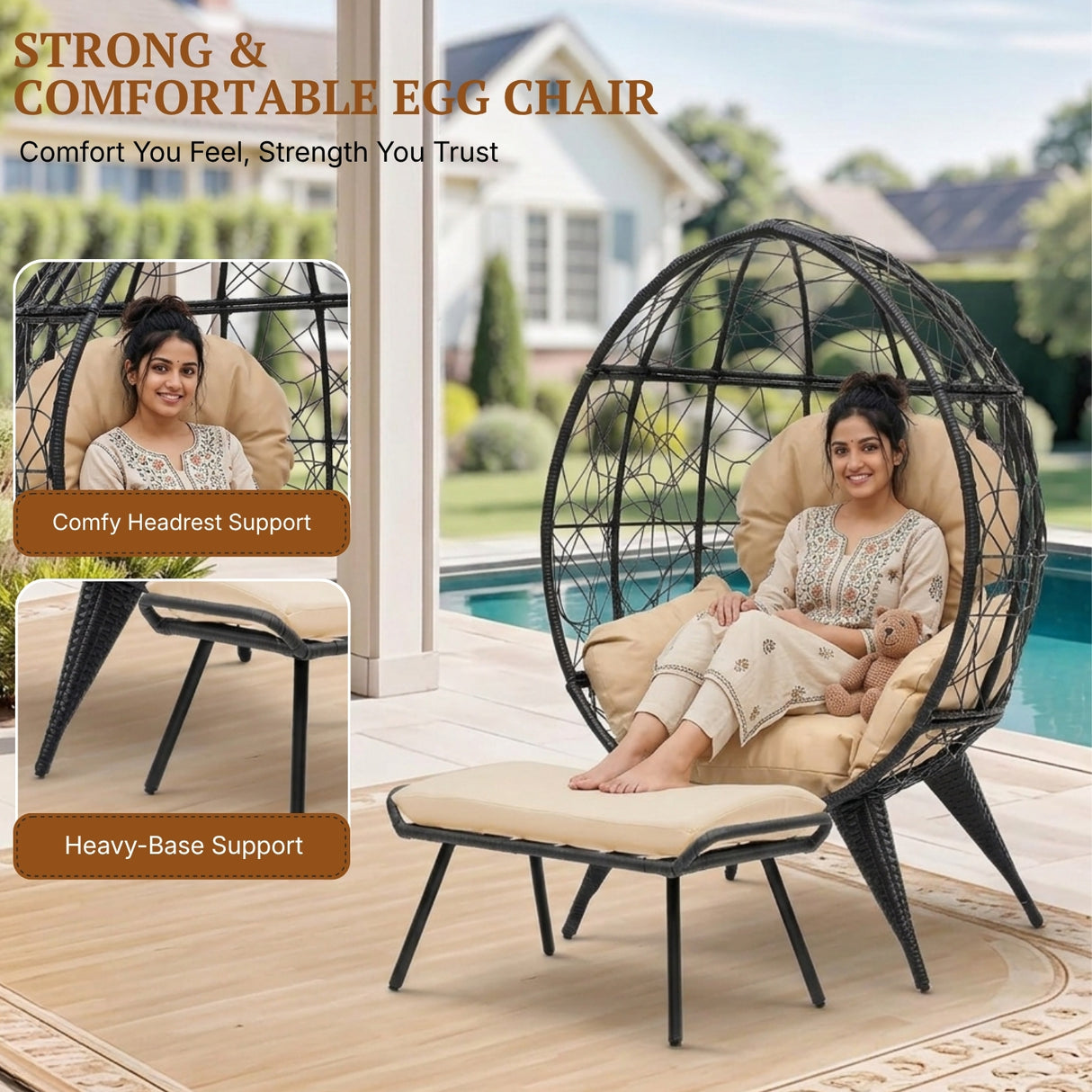 Outdoor Wicker Egg Chair with Ottoman (Black & Beige)