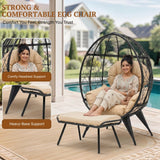 Outdoor Wicker Egg Chair with Ottoman (Black & Beige)