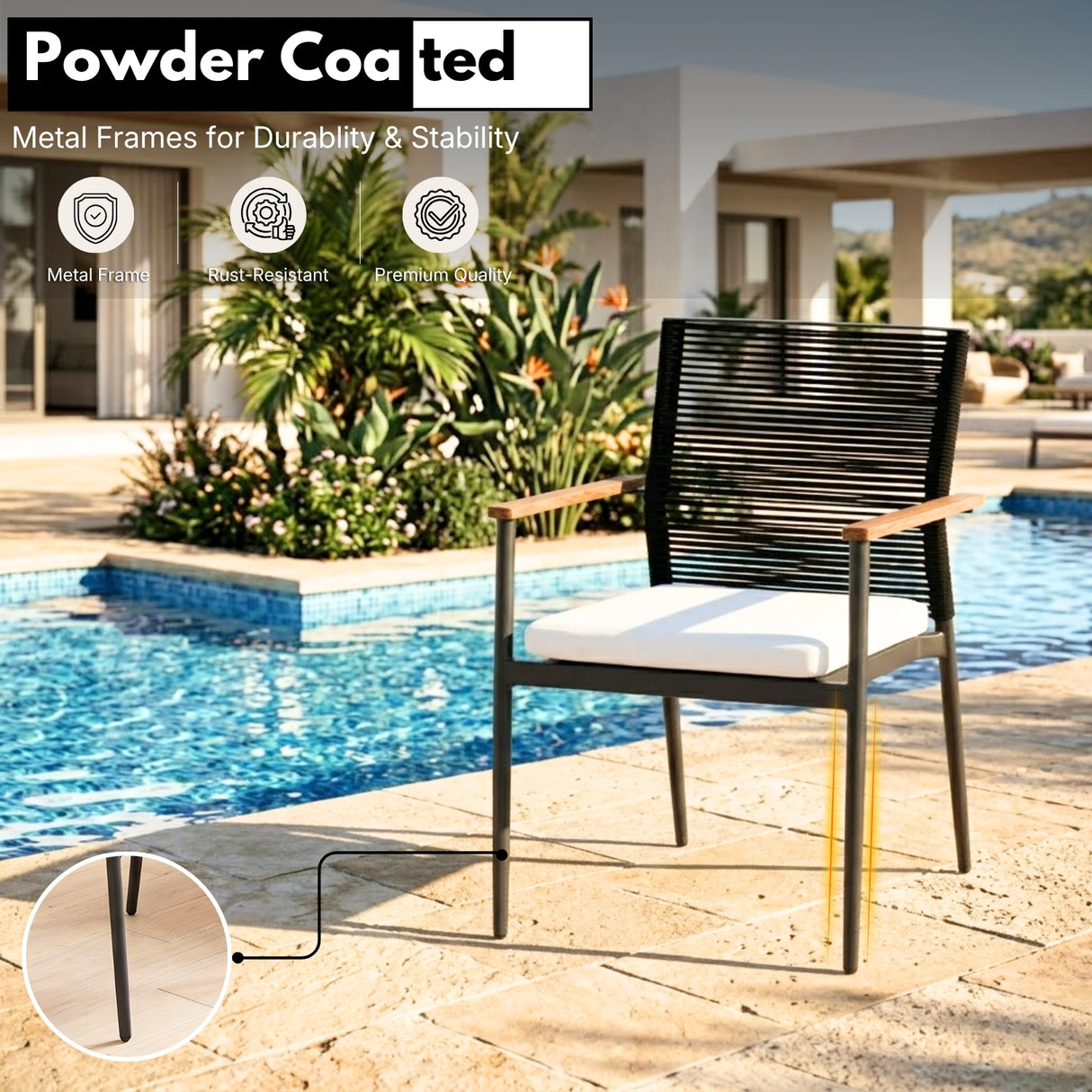 Modern Outdoor Rope Chairs with Wooden Armrests & Cushions (Black & White)