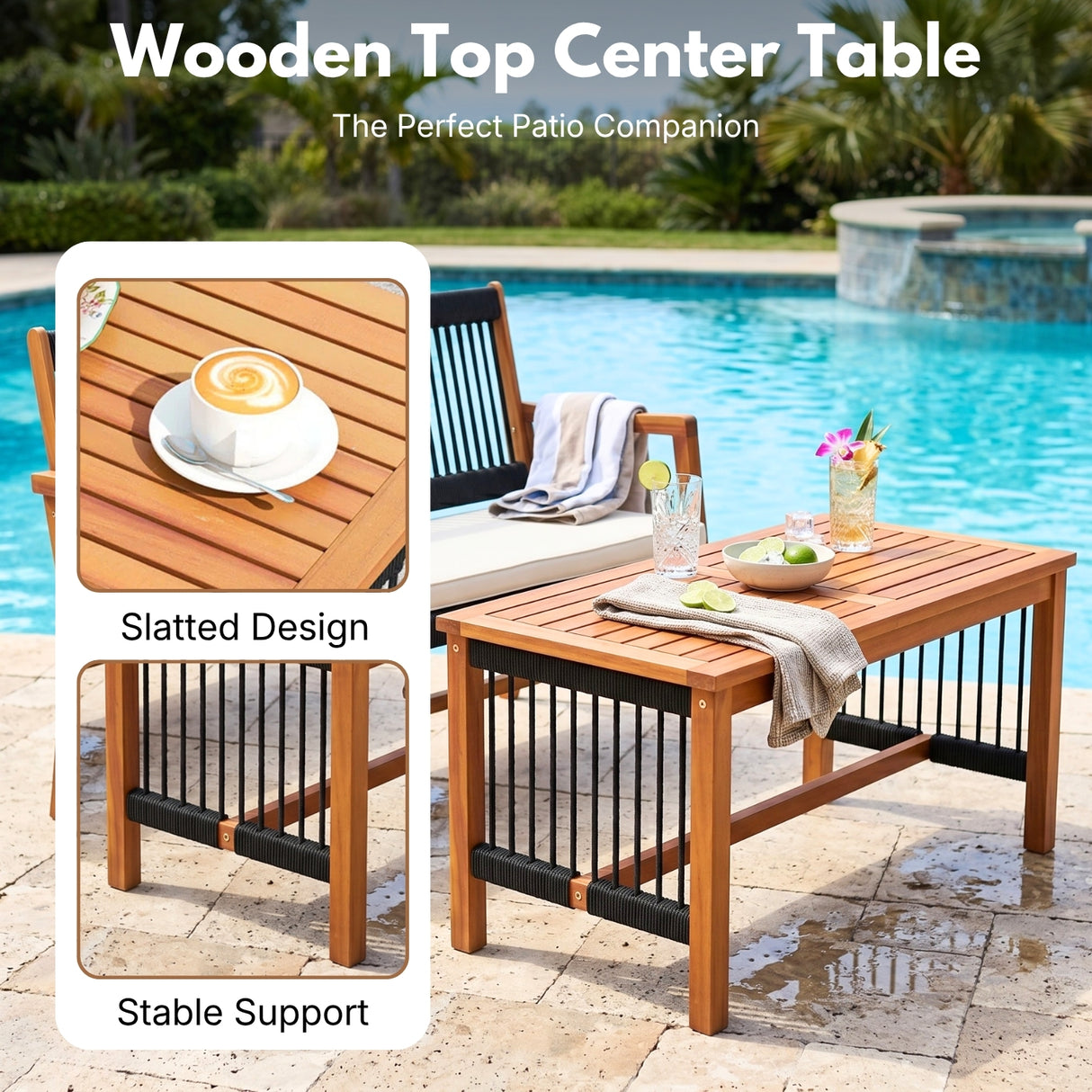 Outdoor Rope & Teak Wood 4-Piece Sofa Set (Black & White)