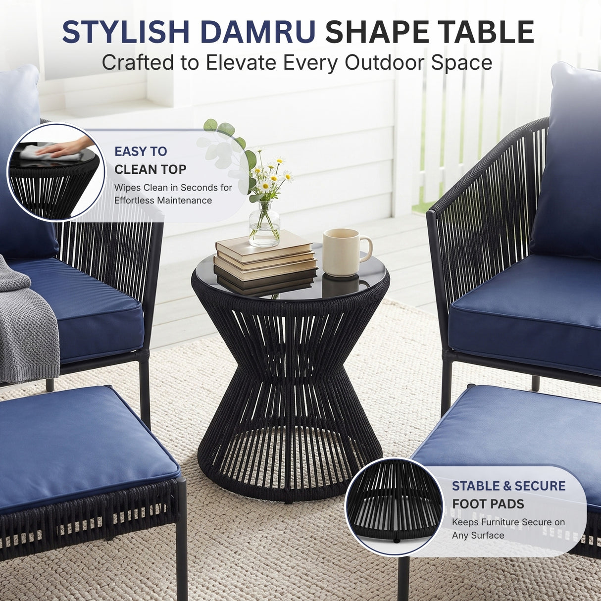 Outdoor 5 Piece Rope Patio Sofa Set (Black & Navy-Blue)