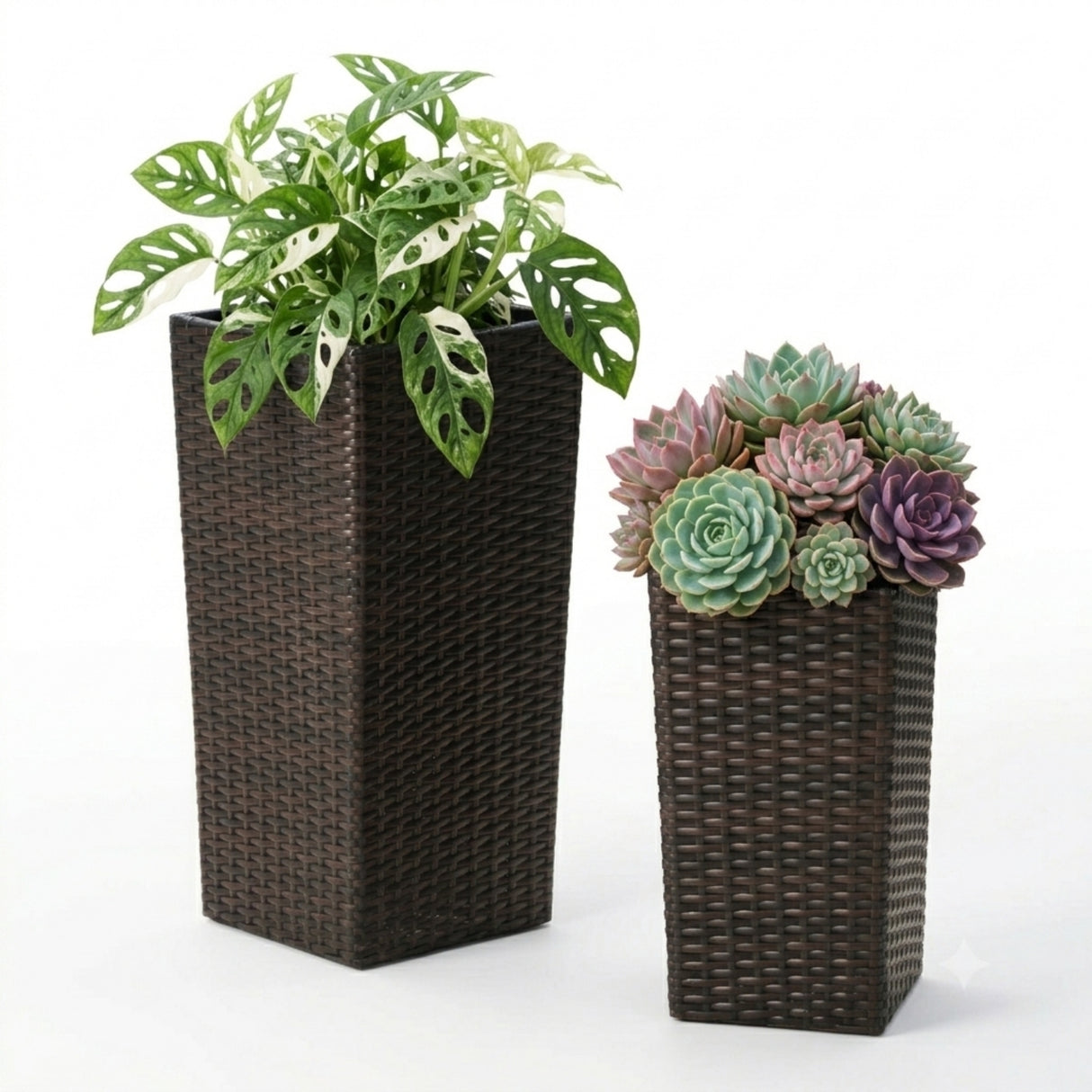 2-Piece Outdoor Rattan Wicker Tall Square Planters (Dark Brown)