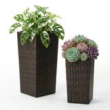 2-Piece Outdoor Rattan Wicker Tall Square Planters (Dark Brown)