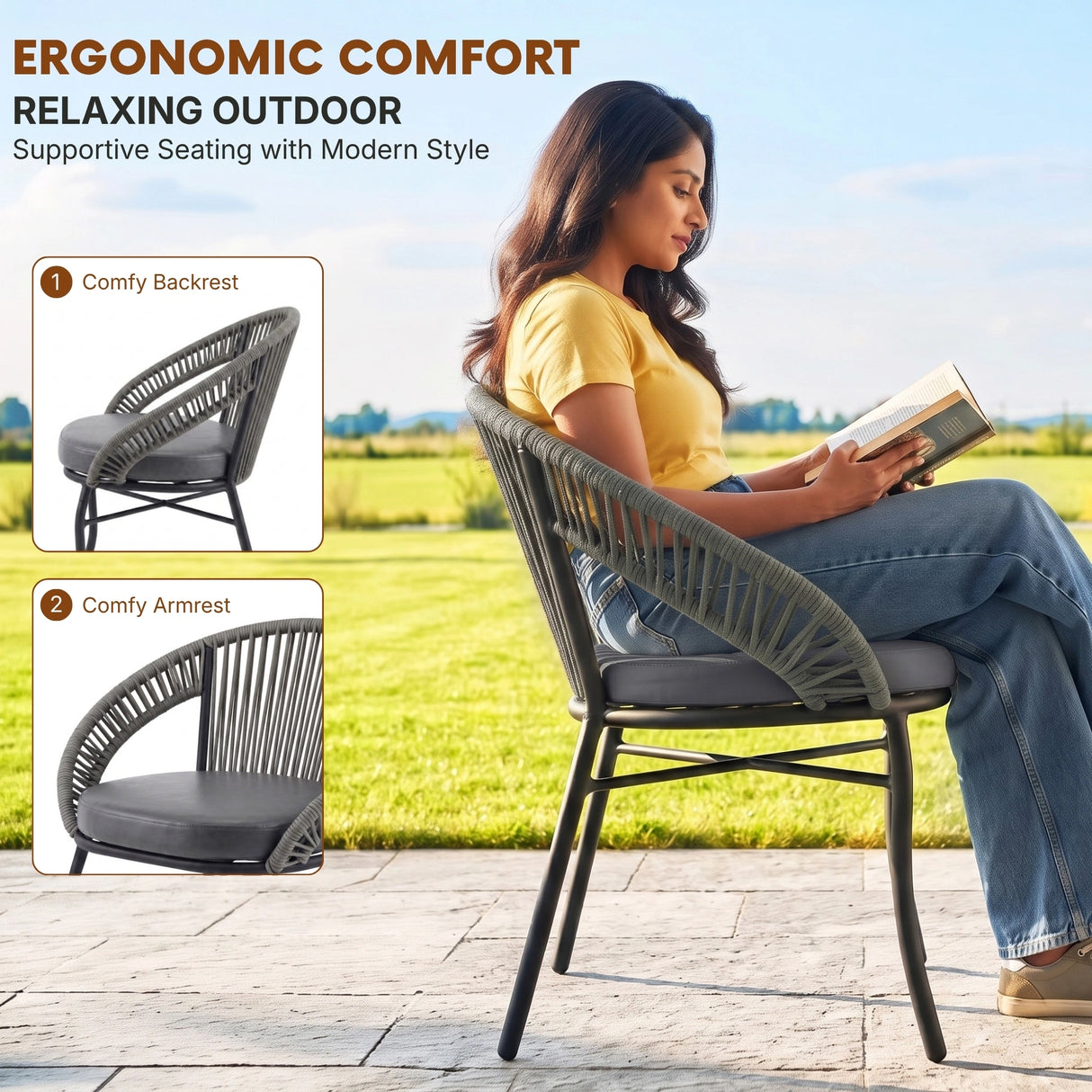 Outdoor Rope 3 Piece Patio Bistro Set (Grey & Dark Grey)