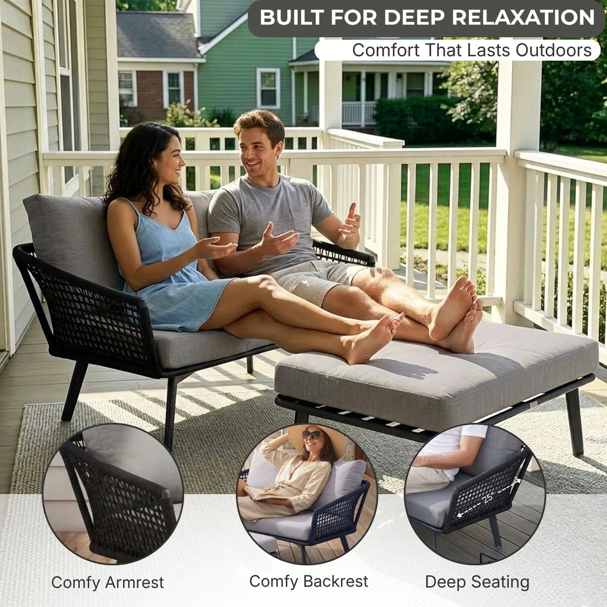 2-Piece Outdoor Rope Loveseat Sofa With Ottoman