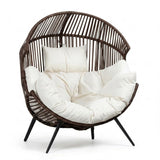 Outdoor Wicker Egg Chair with Plush Cushions (Dark Brown& Off-White)