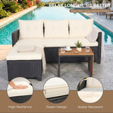 Outdoor Wicker L-Shape Sofa Set with Ottoman & Convertible Wooden Coffee Table