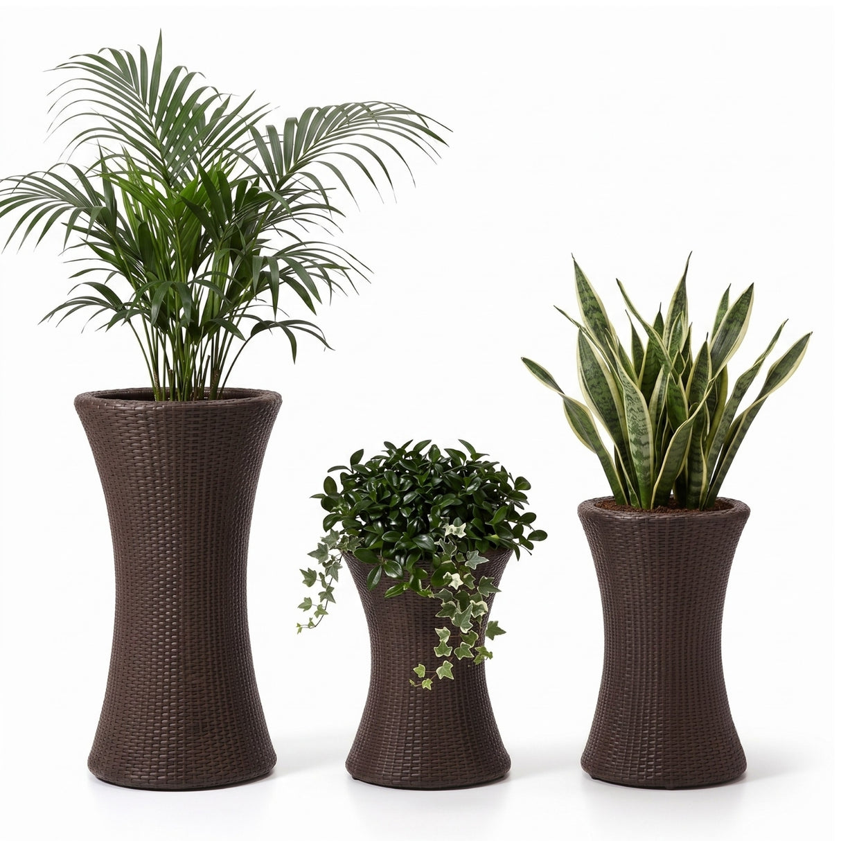 Outdoor Hourglass Design Set of 3 Wicker Planters (Dark Brown)