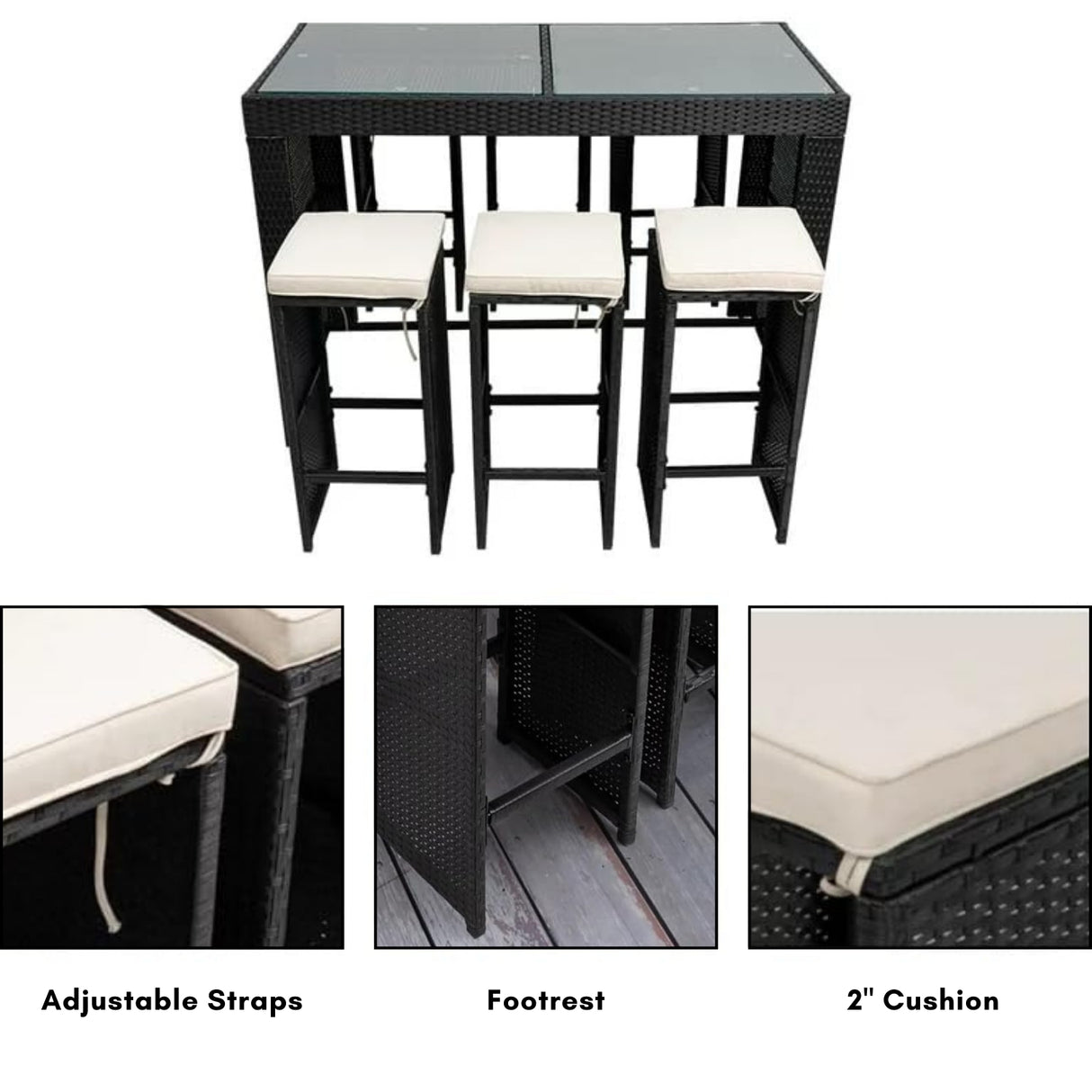 7-Piece Outdoor Rattan Wicker Bar Set with Glass Top Table