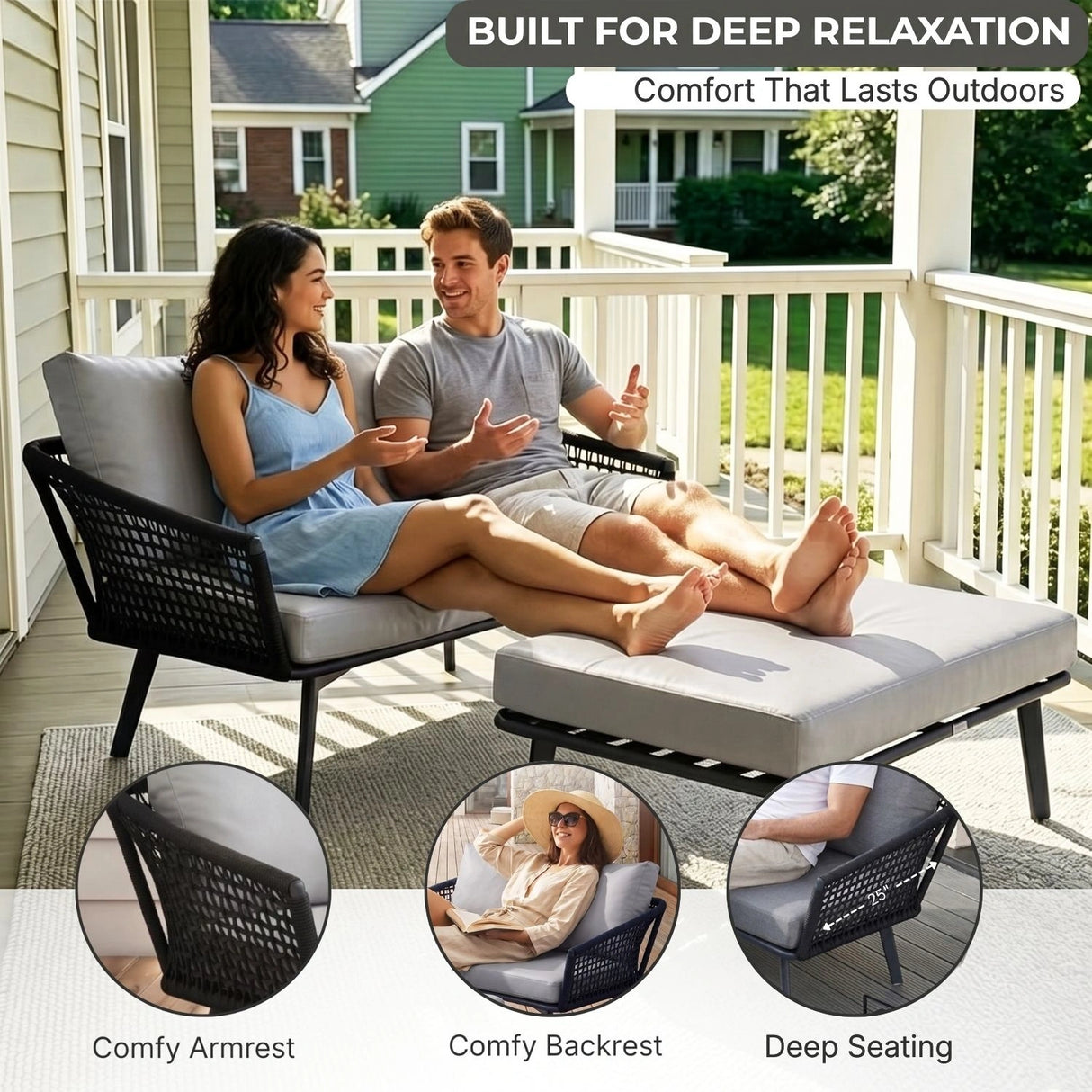 2-Piece Outdoor Rope Loveseat Sofa With Ottoman