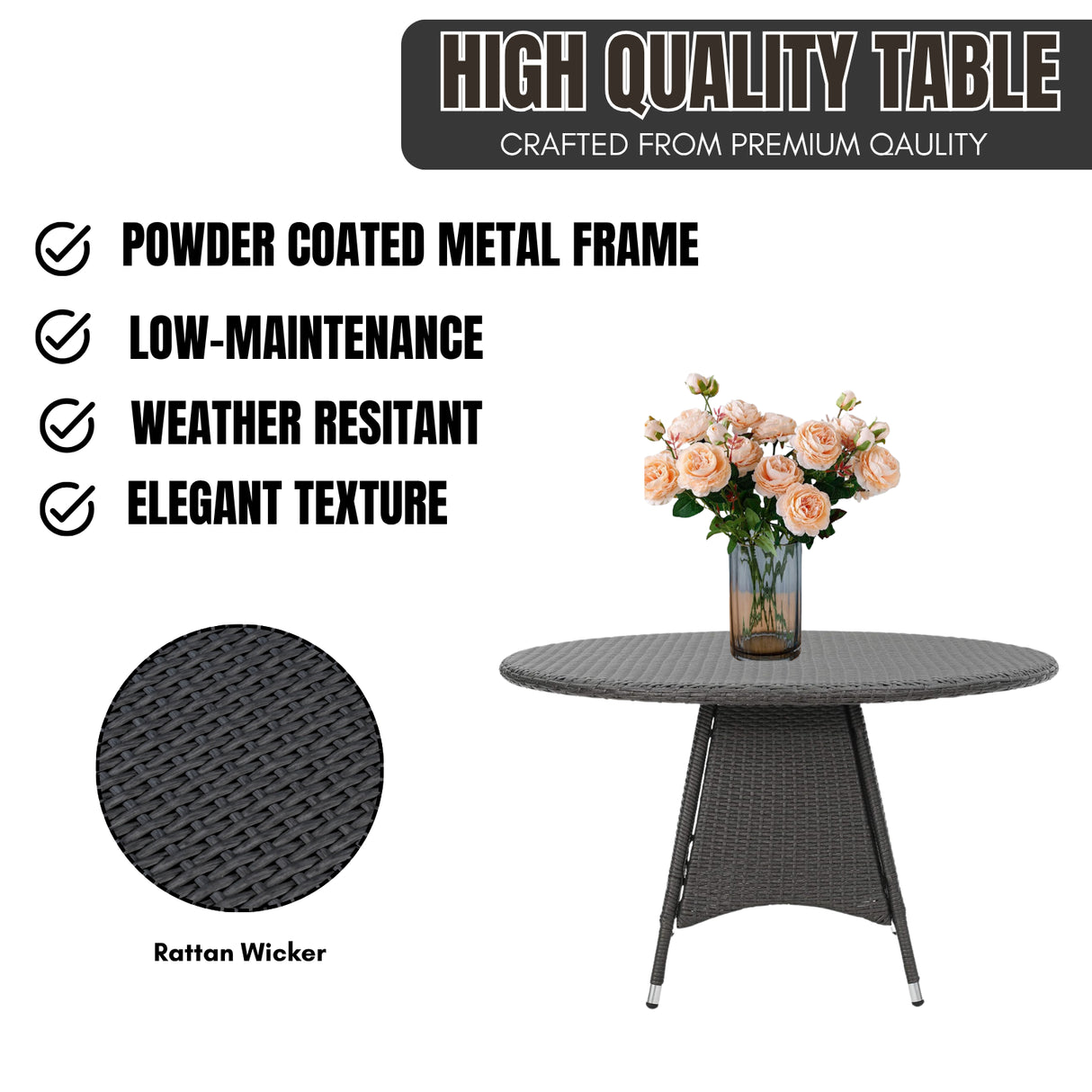 Outdoor Rattan Wicker Round Patio Table (Black)