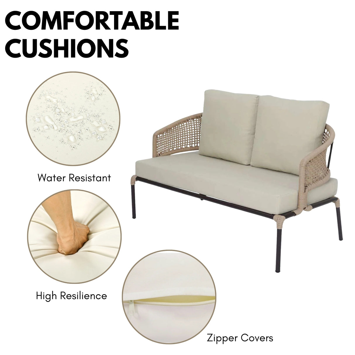 All-Weather Patio Rope Sofa Set with Glass Top Coffee Table