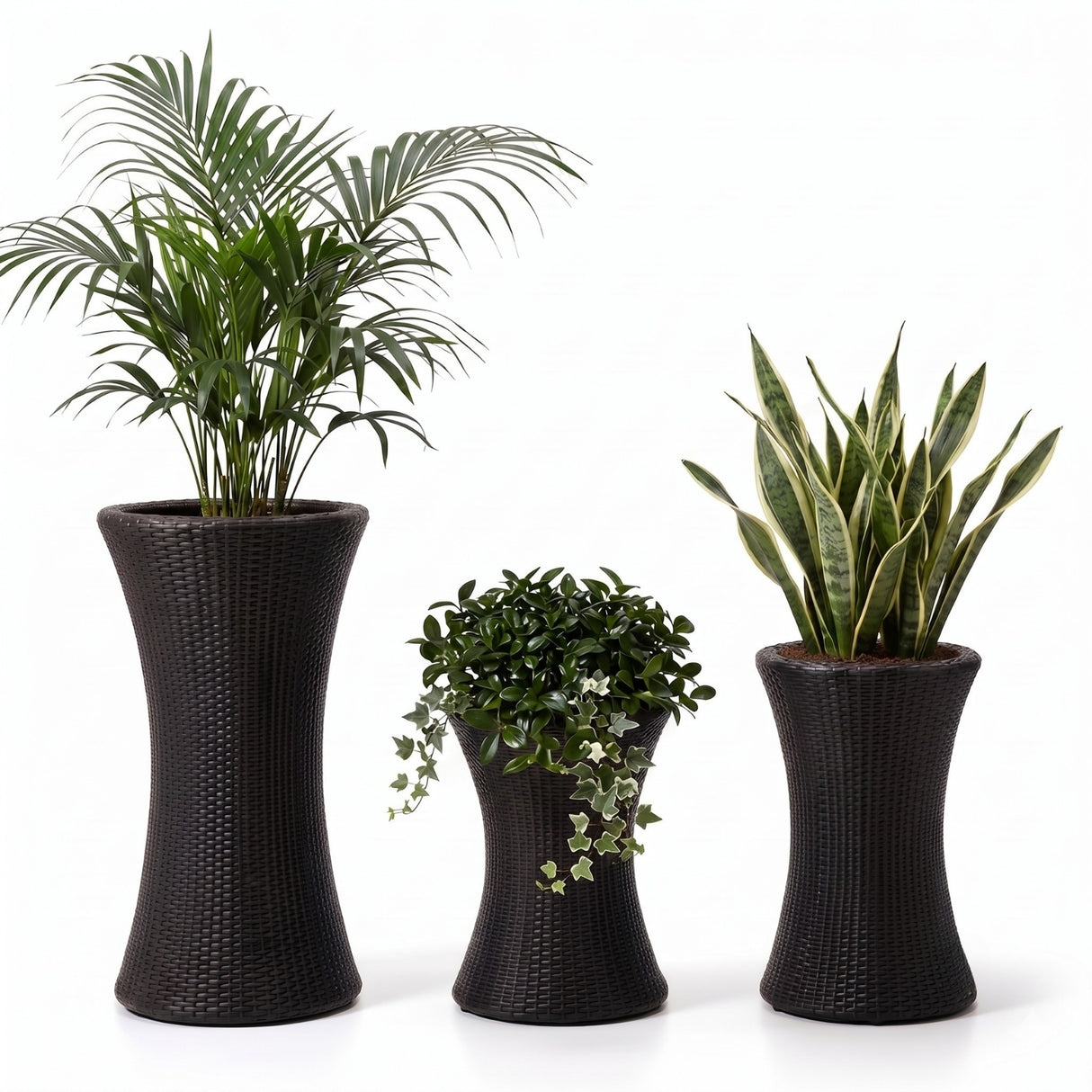 Outdoor Hourglass Design Set of 3 Wicker Planters (Black)