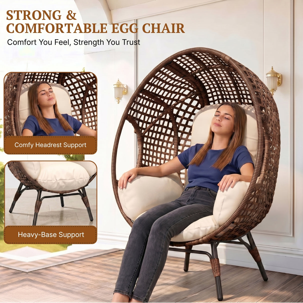 Outdoor Wicker Egg Chair with Cushions (Dark Brown)