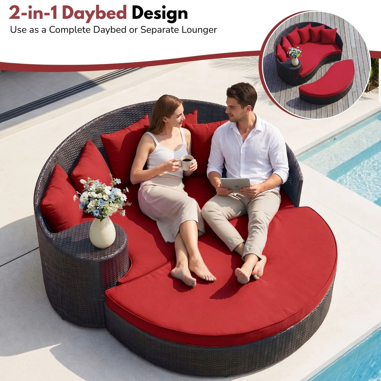 Outdoor Rattan Wicker Daybed (Dark Brown & Red)