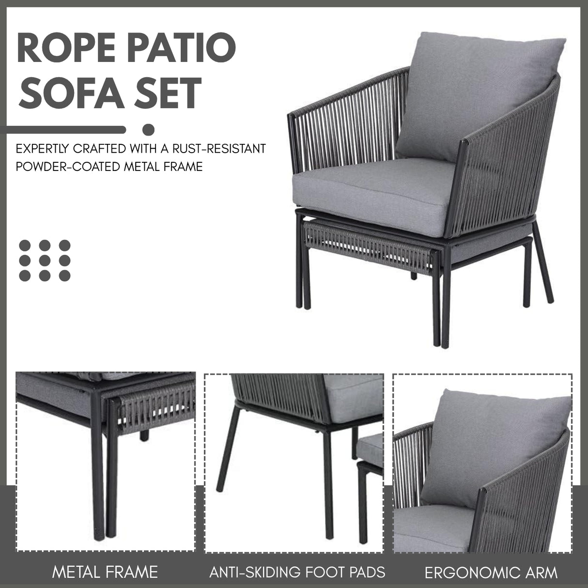 Outdoor 5 Piece Rope Patio Sofa Set (Grey)