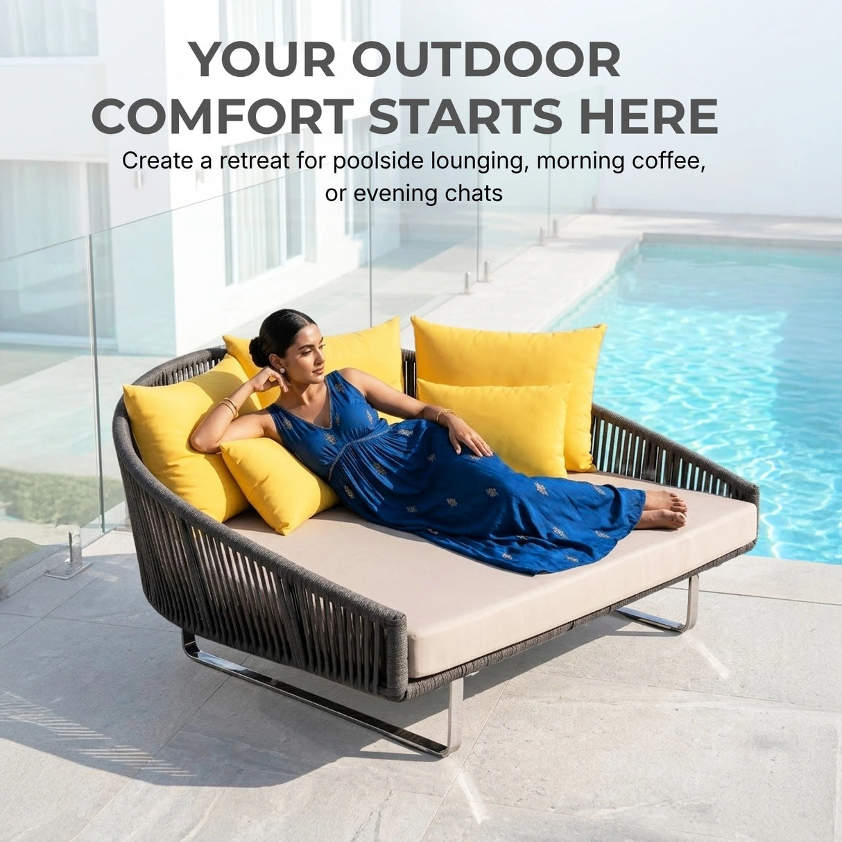 Outdoor Grey Rope Patio Daybed with Comfortable Cream Cushion