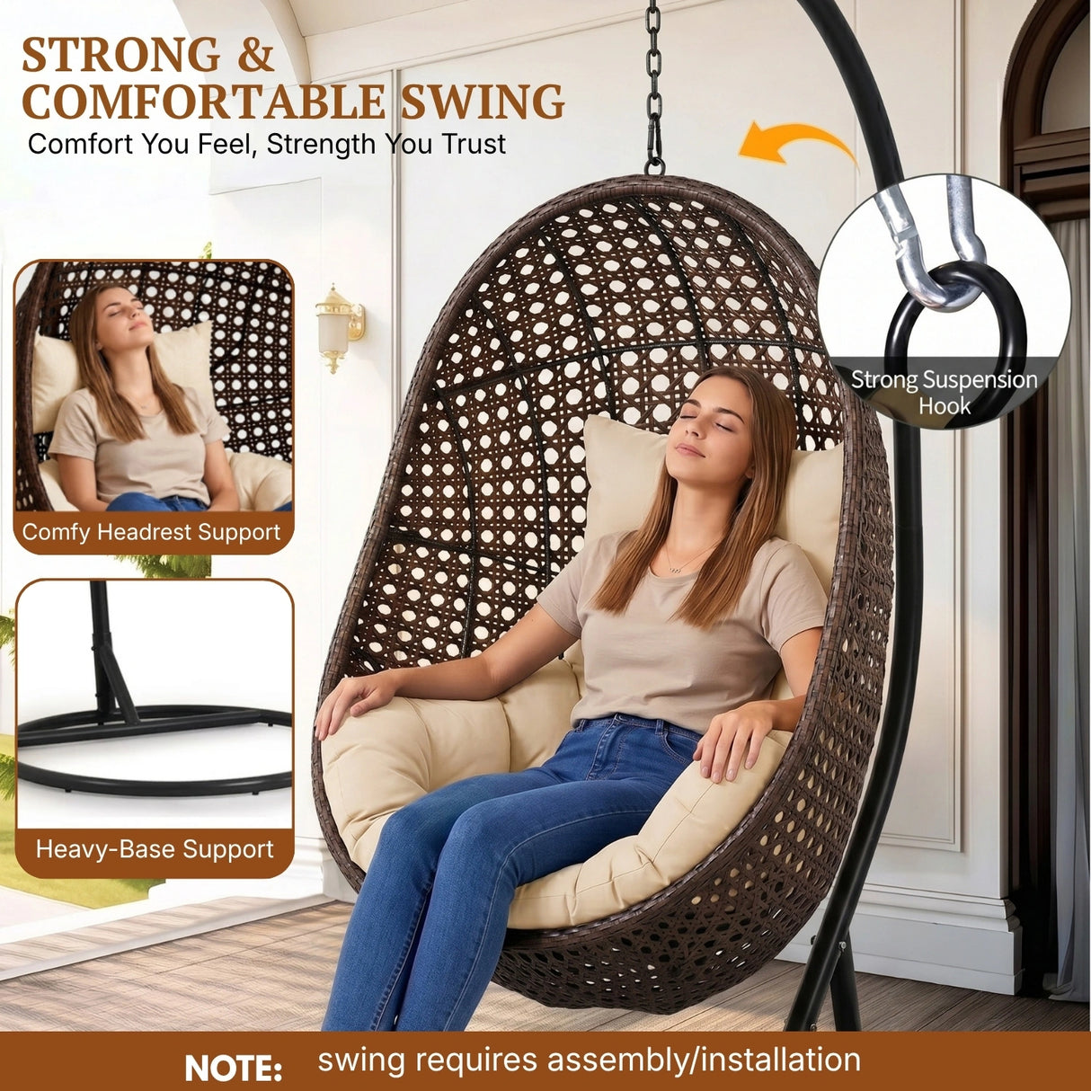 Hanging Egg Swing Chair (Dark Brown and Cream)