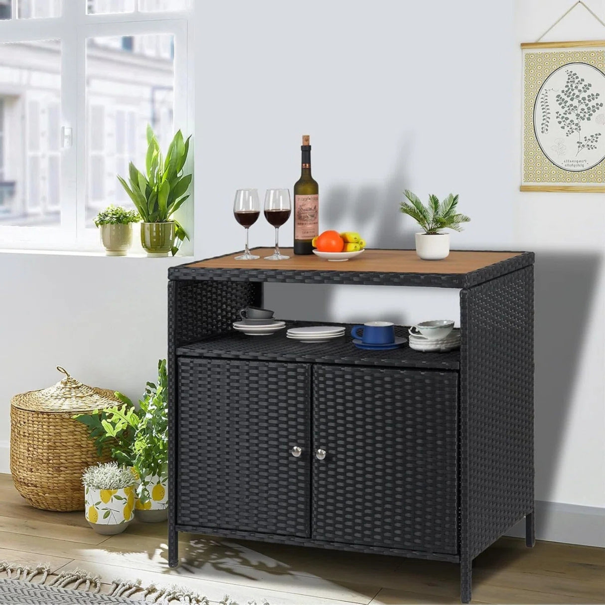 Outdoor Rattan Wicker Bar Table With Wooden Top