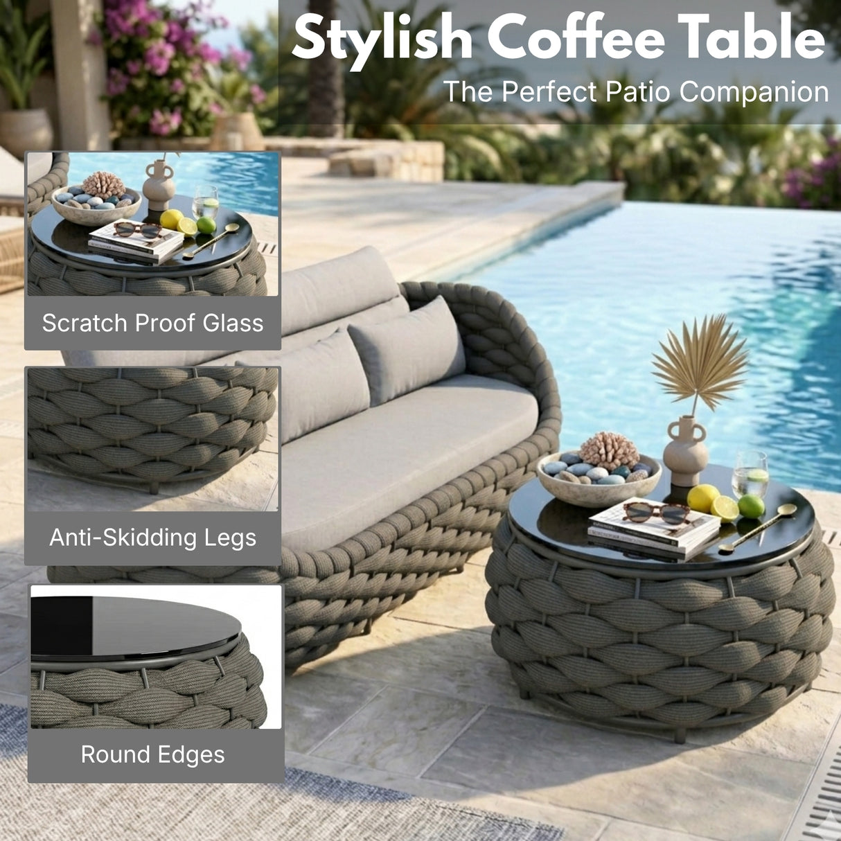 Outdoor Rope 5-Seater Sofa Set with Glass Top Center Table ( Blackish Grey & Grey)