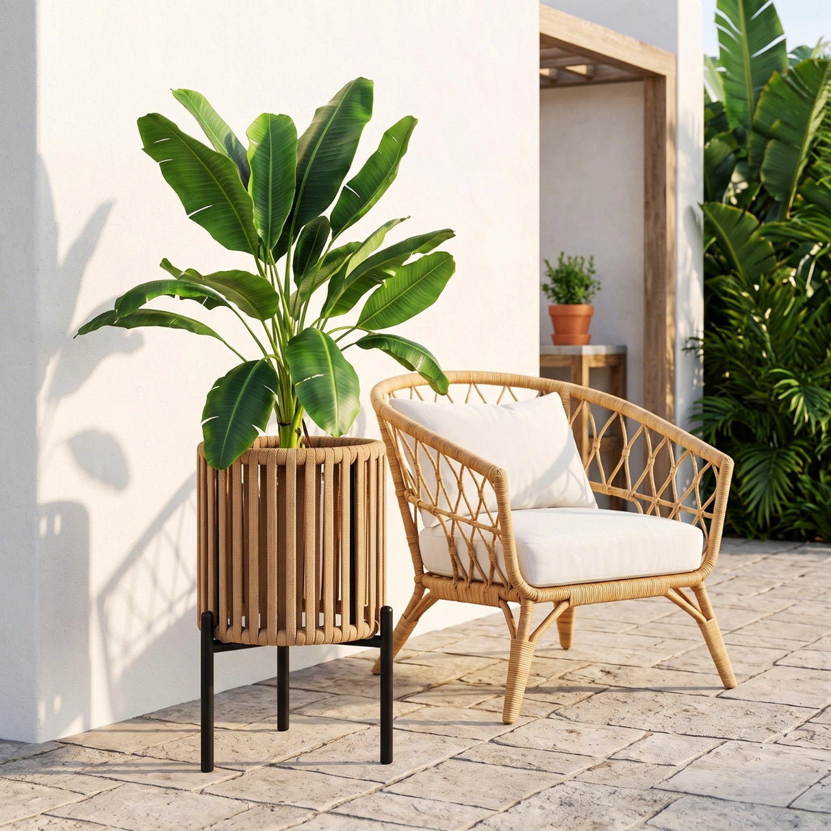 Outdoor Rope Planter with Metal Stand (Beige)