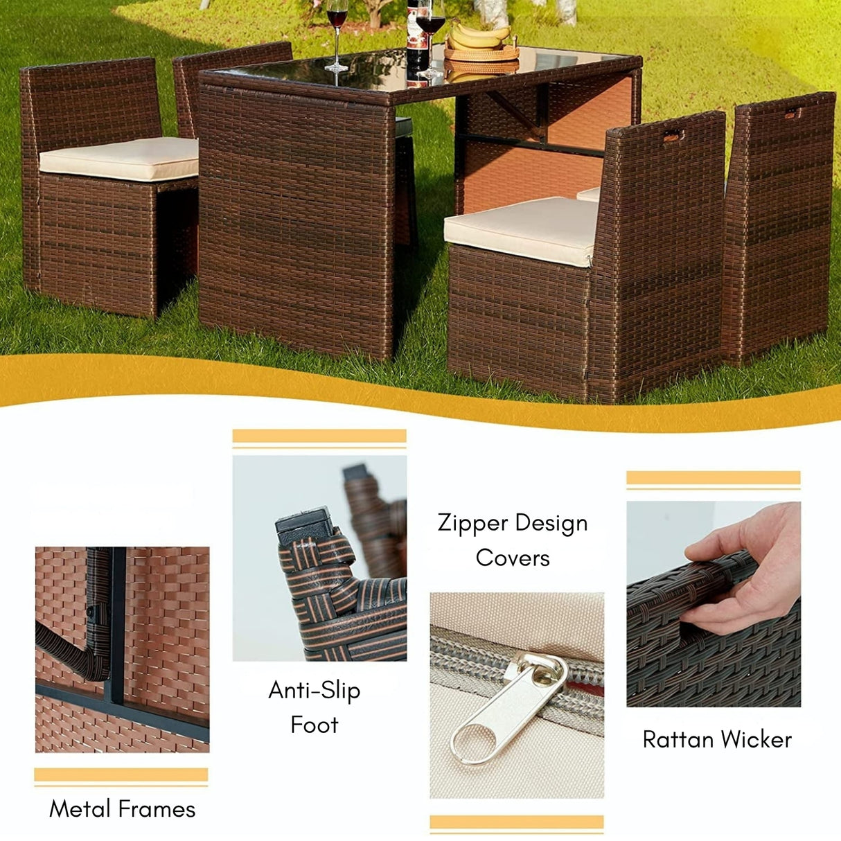 5-Piece Outdoor Patio Dining Set with Square Glass Tabletop