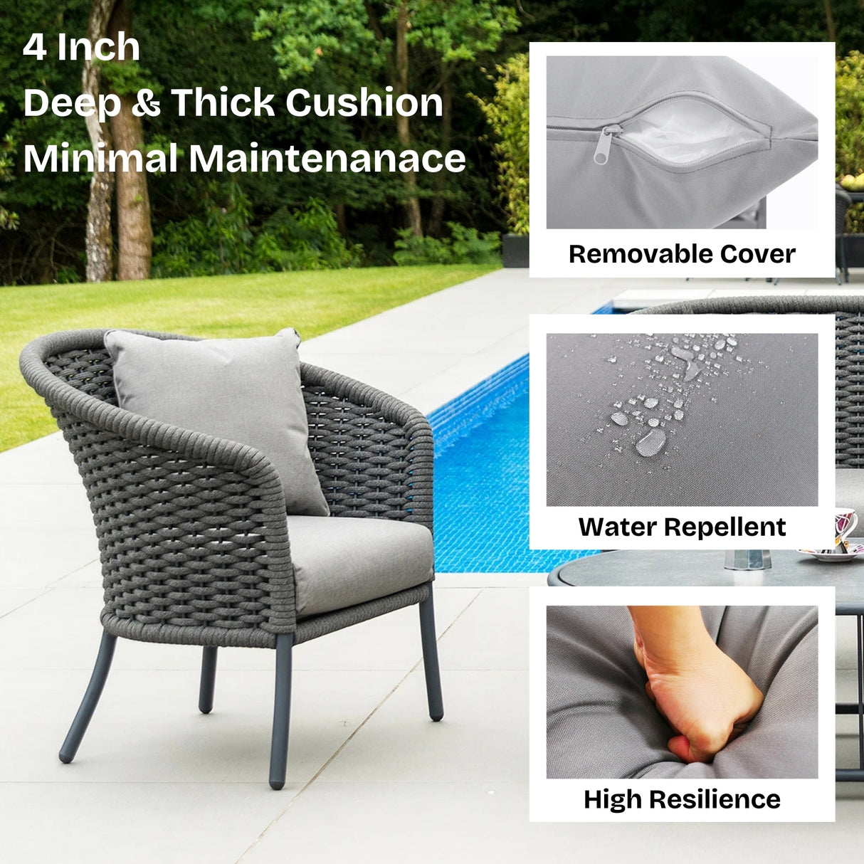 Outdoor Grey Rope 4 Piece Patio Sofa Set with Light Grey Cushions