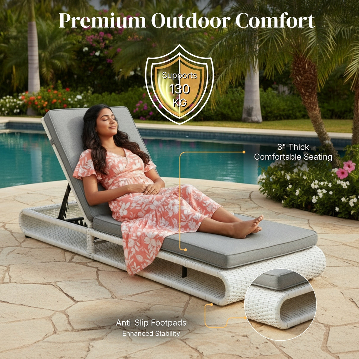 Outdoor Rattan Wicker Single Lounger Chair (White & Grey)